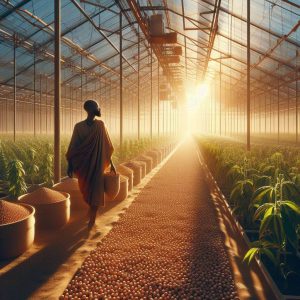 Digital art image showing a man working in a polyhouse for the cultivation and drying of pulses in Africa.